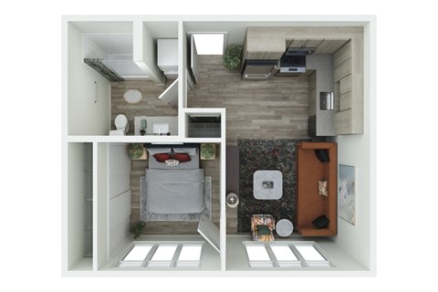 a stylized floor plan with a bedroom and a living room